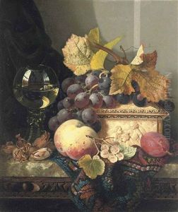 Black Grapes, A Peach, A Plum, White Currants, Hazelnuts, A Roemer And An Ivory Casket On A Carpet On A Marble Ledge