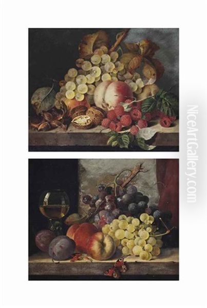 A Wine Glass, Grapes, Peaches And Plums, With A Peacock Butterfly, On A Stone Ledge (+ Grapes, Raspberries, Hazelnuts, Walnuts...; Pair) - view 1