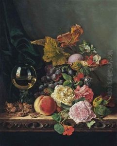Cobnuts, A Roemer, A Peach, Roses, Nasturtiums, Raspberries, A Speckled Egg, Black Grapes, White Currants, And A Tazza, On A Carved Wooden Ledge