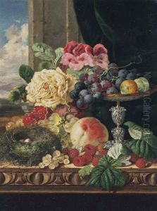 A White Rose, Grapes, Greengages, Raspberries, White Currants, A Pomegranate, A Silver Tazza And A Bird's Nest On A Carved Wooden Ledge