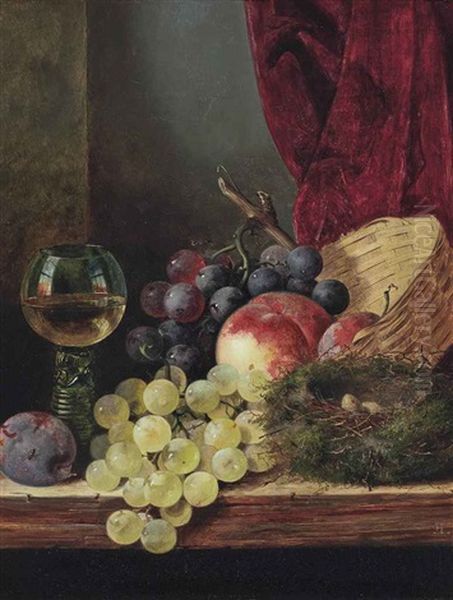 A Wicker Basket, Peaches, A Plum, Red And Green Grapes, A Bird's Nest And A Roemer On A Wooden Ledge - view 1