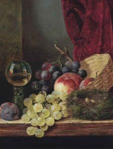 A Wicker Basket, Peaches, A Plum, Red And Green Grapes, A Bird's Nest And A Roemer On A Wooden Ledge by Edward Ladell