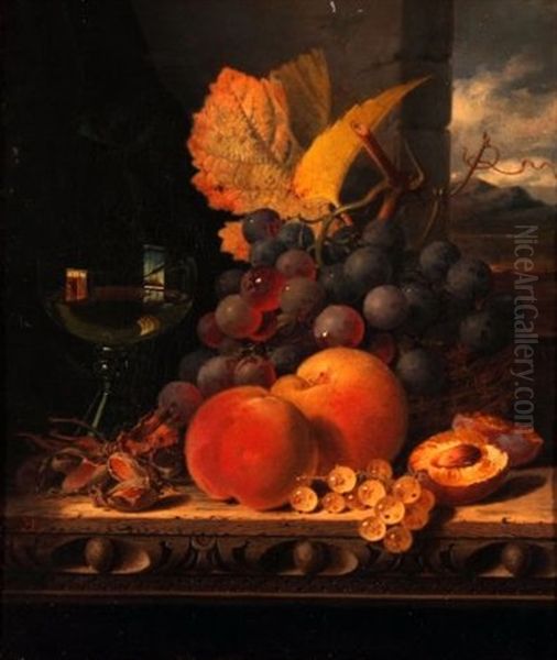 Still Life Study Of Mixed Fruit And Wine Glass On A Table Ledge - view 1