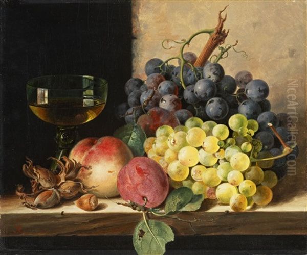 A Still Life Of Grapes, Plums, Hazelnuts, A Peach, And A Wine Glass On A Ledge - view 1