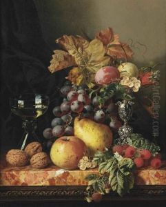 A Still Life With A Pear, An Apple, Walnuts And Various Other Fruits by Edward Ladell