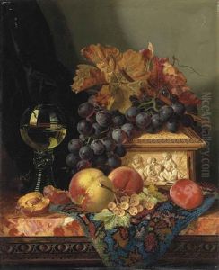 Still Life With Grapes, Peaches, Plums, Whitecurrants, An Ivory Casket And A Roemer, On A Persian Carpet On A Marble Ledge Still Life With Grapes, Peaches, Plums, Whitecurrants, An Ivory Casket And A Roemer, On A Persian Carpet On A Marble Ledge