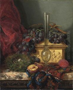 Still Life With Grapes, Plums, A Bird's Nest, An Ivory Casket And A Glass On A Persian Carpet On A Marble Ledge by Edward Ladell