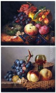 Still Life Of Mixed Fruit, Basket, Wine Glass And Birds' Nest On A Marble Ledge (study) (+ Another; Pair) Still Life Of Mixed Fruit, Basket, Wine Glass And Birds' Nest On A Marble Ledge (study) (+ Another; Pair)