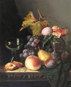 Still Life Of Grapes, Peaches, Raspberries, Walnuts, A Roemer And A Classical Bas Relief Sculpture On A Marble Ledge (+ Still Life Of Grapes...; Pair) by Edward Ladell