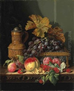 A Tankard With A Casket, Grapes, Plums, Raspberries, Whitecurrants And A Peach, On A Wooden Ledge by Edward Ladell