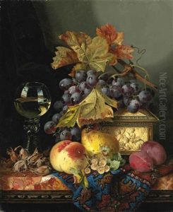 A Roemer With A Casket, Grapes, Plums, Cobnuts, Whitecurrants, A Pear And A Peach On A Marble Ledge A Roemer With A Casket, Grapes, Plums, Cobnuts, Whitecurrants, A Pear And A Peach On A Marble Ledge