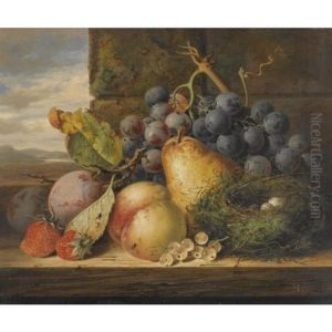 Still Life With A Bird's Nest, A Pear, A Peach, Grapes, Strawberries And Plums by Edward Ladell
