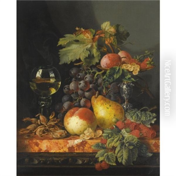 Still Life With Grapes, A Pear, A Peach, Plums, Redcurrants And Raspberries, Hazelnuts, A Wine Glass And A Silver Tazza - view 1