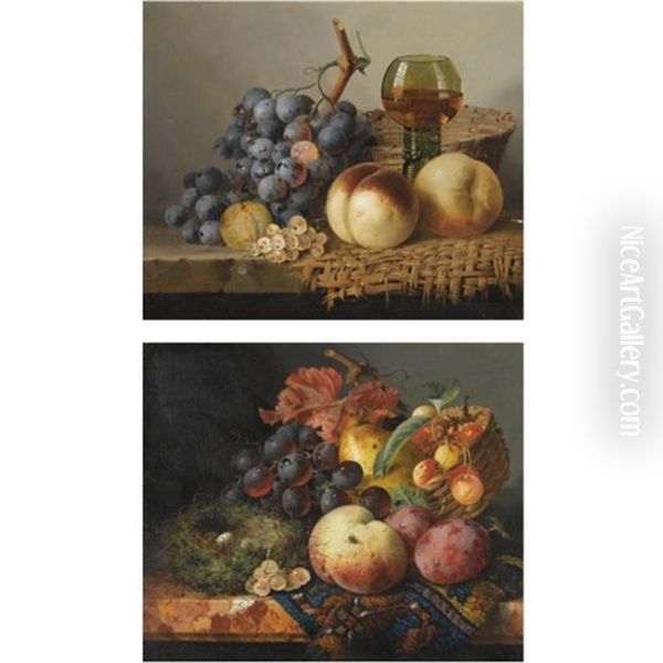 Still Life With A Goblet, A Basket, Peaches, Grapes And Whitecurrants (+ Still Life With A Bird's Nest, A Pear, Cherries, Plums, Grapes And A Peach; Pair) - view 1