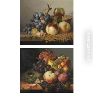 Still Life With A Goblet, A Basket, Peaches, Grapes And Whitecurrants (+ Still Life With A Bird's Nest, A Pear, Cherries, Plums, Grapes And A Peach; Pair) by Edward Ladell