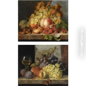 Still Life With Grapes, Peaches, Raspberries, Hazlenuts And Walnuts On A Stone Ledge (+ Still Life With A Wine Galss, Grapes, Peaches, Plums And A Peacock Butterfly On A Stone Ledge; 2 Works) by Edward Ladell