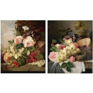 Still Life With Peaches, Grapes, Roses And A Bird's Nest (+ Still Life With Roses, Grapes, Peaches And Raspberries; 2 Works) by Edward Ladell