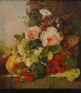 Still Life With Roses, Grapes And Raspberries On A Ledge