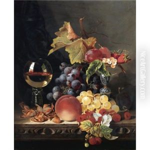 Still Life With A Wine Goblet And Silver Tazza, Grapes, Berries, Plums And Hazelnuts by Edward Ladell
