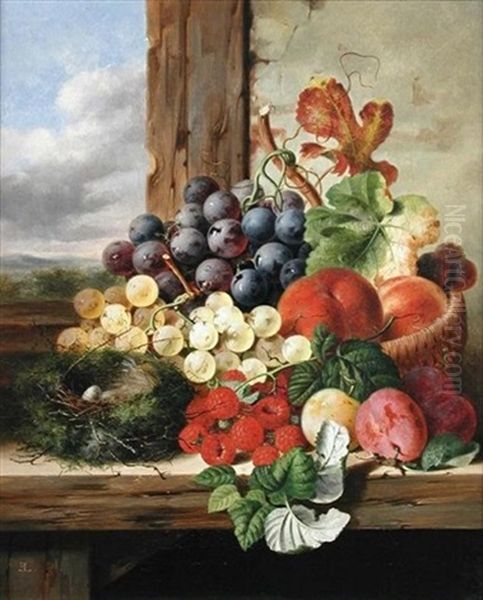 A Still Life Of A Bird's Nest, Grapes, Raspberries And Peaches On A Ledge - view 1