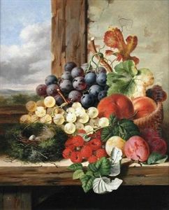 A Still Life Of A Bird's Nest, Grapes, Raspberries And Peaches On A Ledge by Edward Ladell