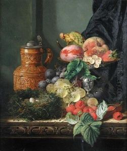 A Still Life Of Plums On A Silver Tazza, With A Stein, Grapes, Raspberries And A Bird's Nest On A Ledge by Edward Ladell