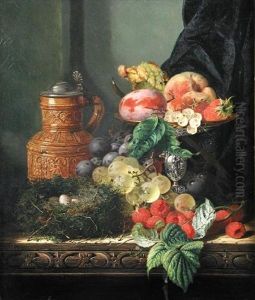 A Still Life Of Plums On A Silver Tazza, With A Stein, Grapes, Raspberries, And A Bird's Nest On A Ledge by Edward Ladell