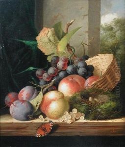 A Still Life Of A Bunch Of Grapes, Plums, Peaches And A Bird's Nest On A Ledge With A Peacock Butterfly