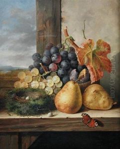 A Still Life Of A Bunch Of Grapes, Plums, Pears And A Bird's Nest, With A Peacock Butterfly On A Ledge