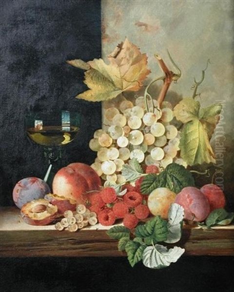A Still Life Of A Roemer With A Bunch Of Grapes, Peaches And Raspberries On A Ledge - view 1