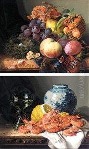 Still Life With Peaches, Plums, Cherries, Grapes A Pear And A Bird's Nest (+ Still Life With Prawns, A Lemon, Wine Glass And Delft Pot; 2 Works) by Edward Ladell