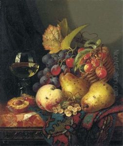 Still Life With Red Grapes And Cherries In A Wicker Basket, Two Pears, Whitecurrants, A Peach, A Split Plum And A Roemer, On A Marble Topped Table With A Carved Wood Frieze Still Life With Red Grapes And Cherries In A Wicker Basket, Two Pears, Whitecurrants, A Peach, A Split Plum And A Roemer, On A Marble Topped Table With A Carved Wood Frieze