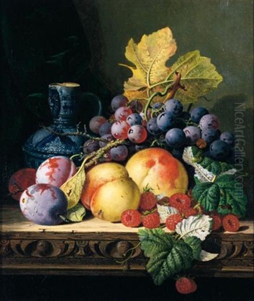 Still Life With A Stoneware Jug, Peaches, Raspberries, Plums And Grapes On A Carved Ledge - view 1