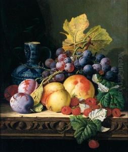 Still Life With A Stoneware Jug, Peaches, Raspberries, Plums And Grapes On A Carved Ledge by Edward Ladell