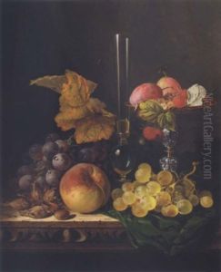 Stil Life With Peaches, Grapes, Hazelnuts, Raspberries And Plums, With A Wine Glass
