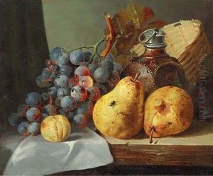 Pears, Grapes, Plums, A Greengage, A Stoneware Flask And A Wicker Basket On A Wooden Ledge by Edward Ladell