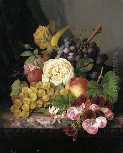 Grapes, A Plum, A Peach, Roses, Fuchsias And Pansies On A Marble Ledge - view 1
