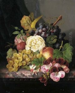 Grapes, A Plum, A Peach, Roses, Fuchsias And Pansies On A Marble Ledge