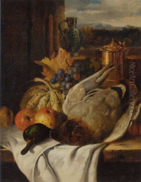 Grapes, Apples, A Gourd, A Tomato, A Mallard, A Tigerware Jug And Flagon On A Wooden Ledge - view 1