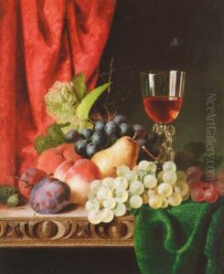 Still Life With Mixed Fruit And A Wine Glass On A Ledge by Edward Ladell