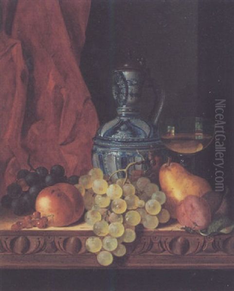 Still Life With Wine Glass, Wine Jug, Peach, Pear, Plums And Grapes - view 1