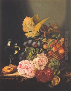 Still Life Of Flowers, Grapes, Cherries And A Glass Of White Wine