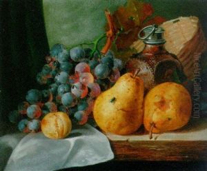 Pears, Grapes, A Greengage, Plums, A Stoneware Flask And A Wicker Basket, On A Wooded Ledge
