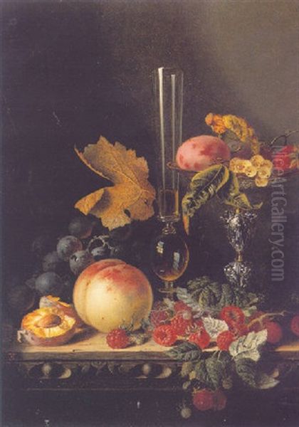 Still Life With Wine Glass, Peaches, Raspberries, Grapes, Strawberries And Plums On A Wooden Ledge - view 1