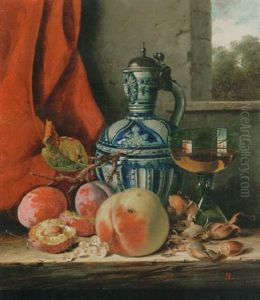 Still Life With Peaches, White Currants, Hazelnuts, A Glass And A Stoneware Jug On A Wooden Ledge With A Landscape Beyond by Edward Ladell