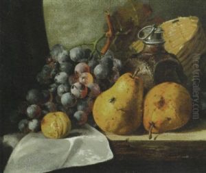 Pears, Grapes, A Greengage, Plums, A Stoneware Flask And A Wicker Basket On A Wooden Ledge