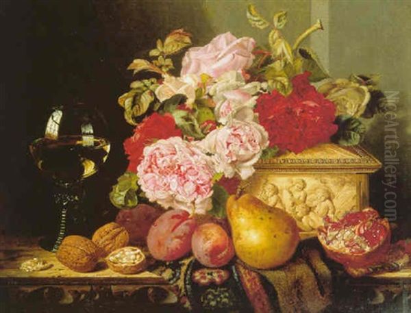 Still Life With Roses, Fruit And A Glass Of Wine On A Ledge - view 1
