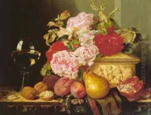 Still Life With Roses, Fruit And A Glass Of Wine On A Ledge