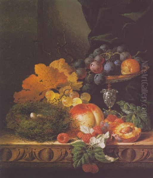 Still Life With Fruit And A Bird's Nest On A Carved Wooden Table - view 1