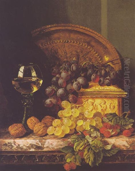 Still Life With Grapes, Walnuts And A Wine Glass On A Marble Ledge - view 1